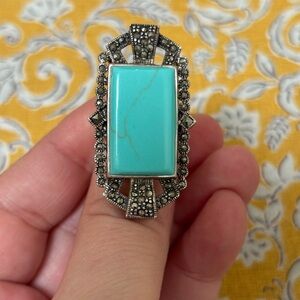 Vintage Turquoise Marcasite Sterling Silver Ring Art Deco Style 6
